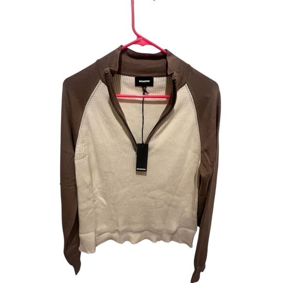 Nwt womens Monrow color block Reglan half zip sweater size xl cream and‎ brown - Picture 4 of 13